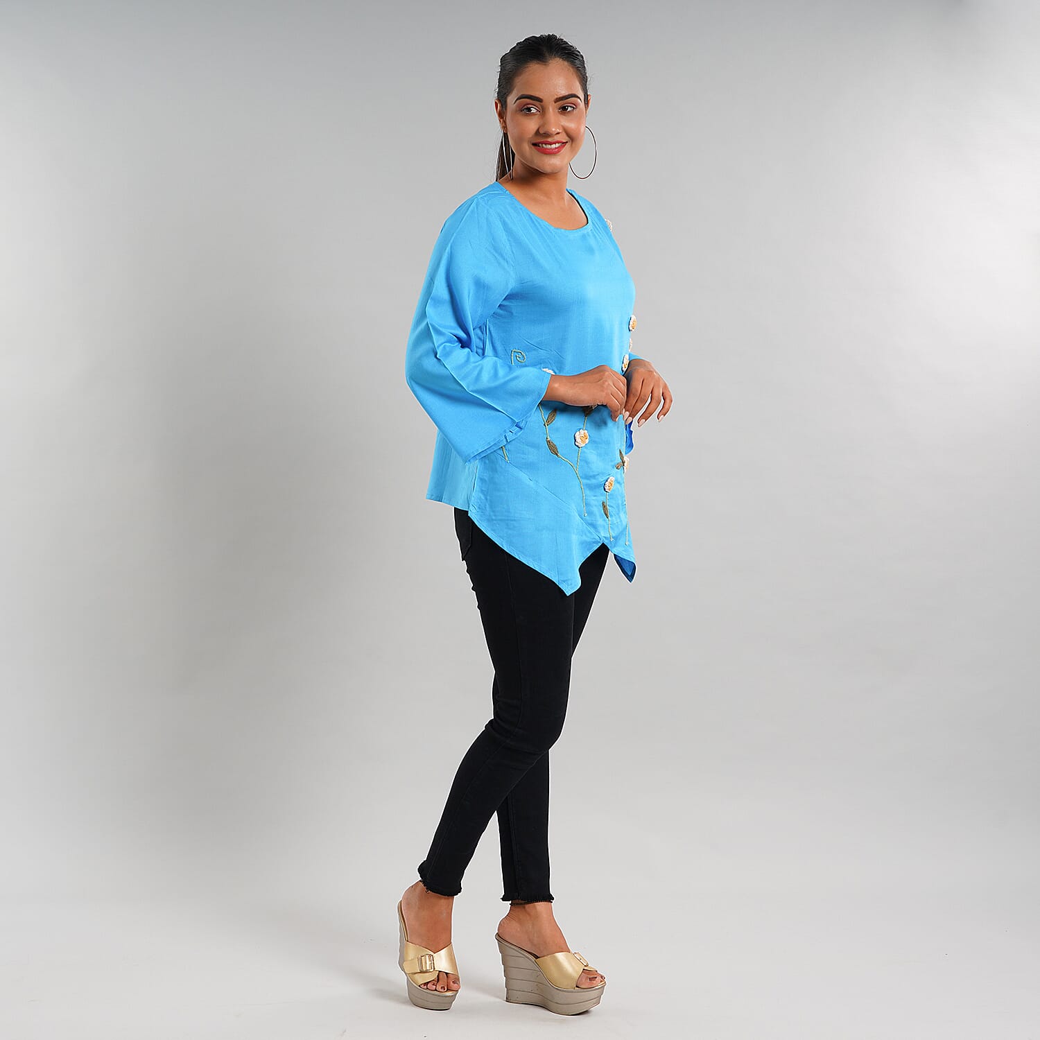 JOVIE 100% Viscose Floral Embroidery Women Kimono Top - Blue