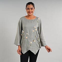 JOVIE 100% Viscose Floral Embroidery Women Kimono Top - Light Grey