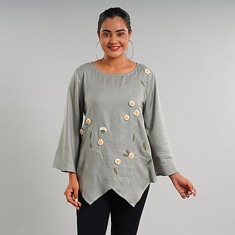 JOVIE 100% Viscose Floral Embroidered Women Kimono Top (Size 18-20) - Light Grey