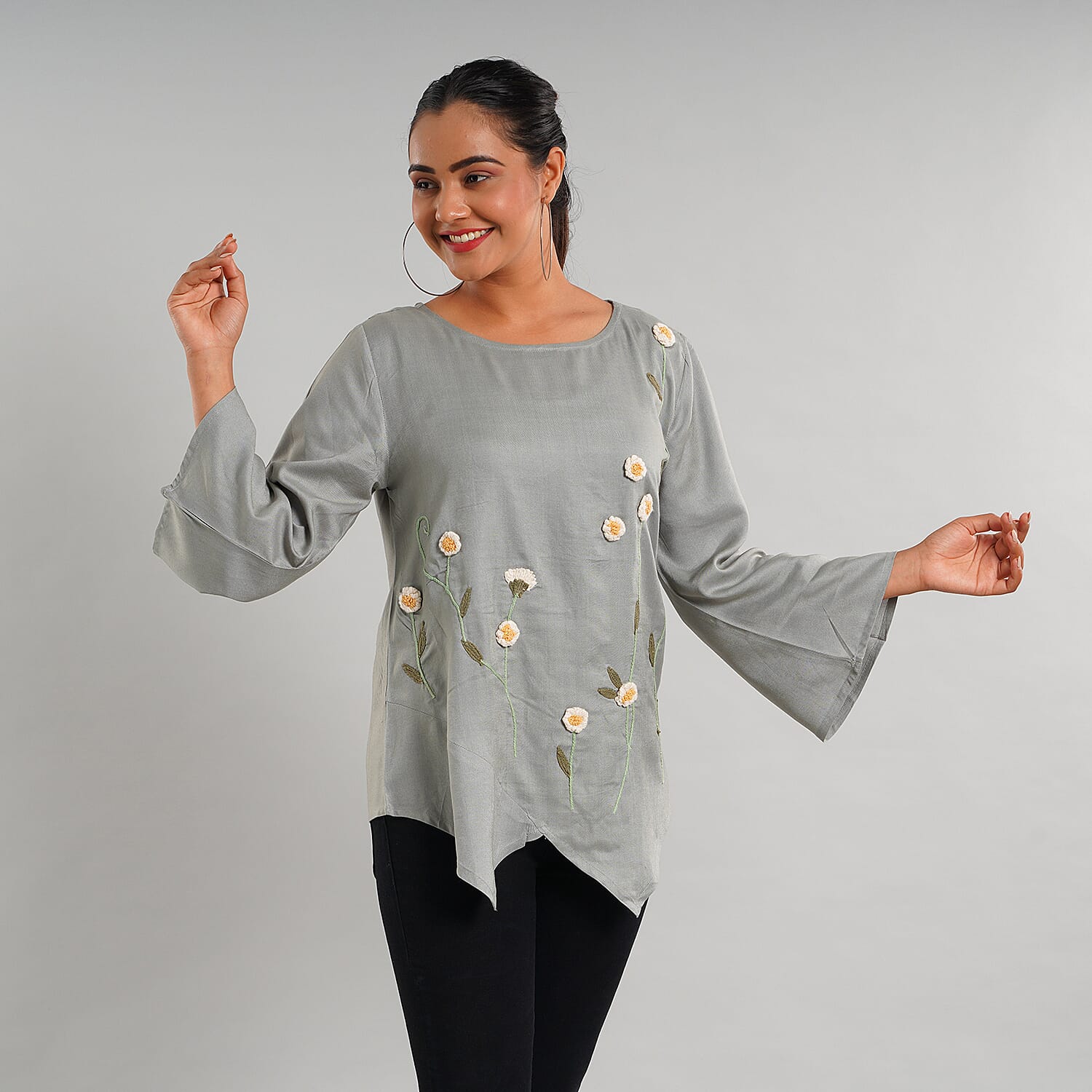 JOVIE 100% Viscose Floral Embroidery Women Kimono Top - Blue