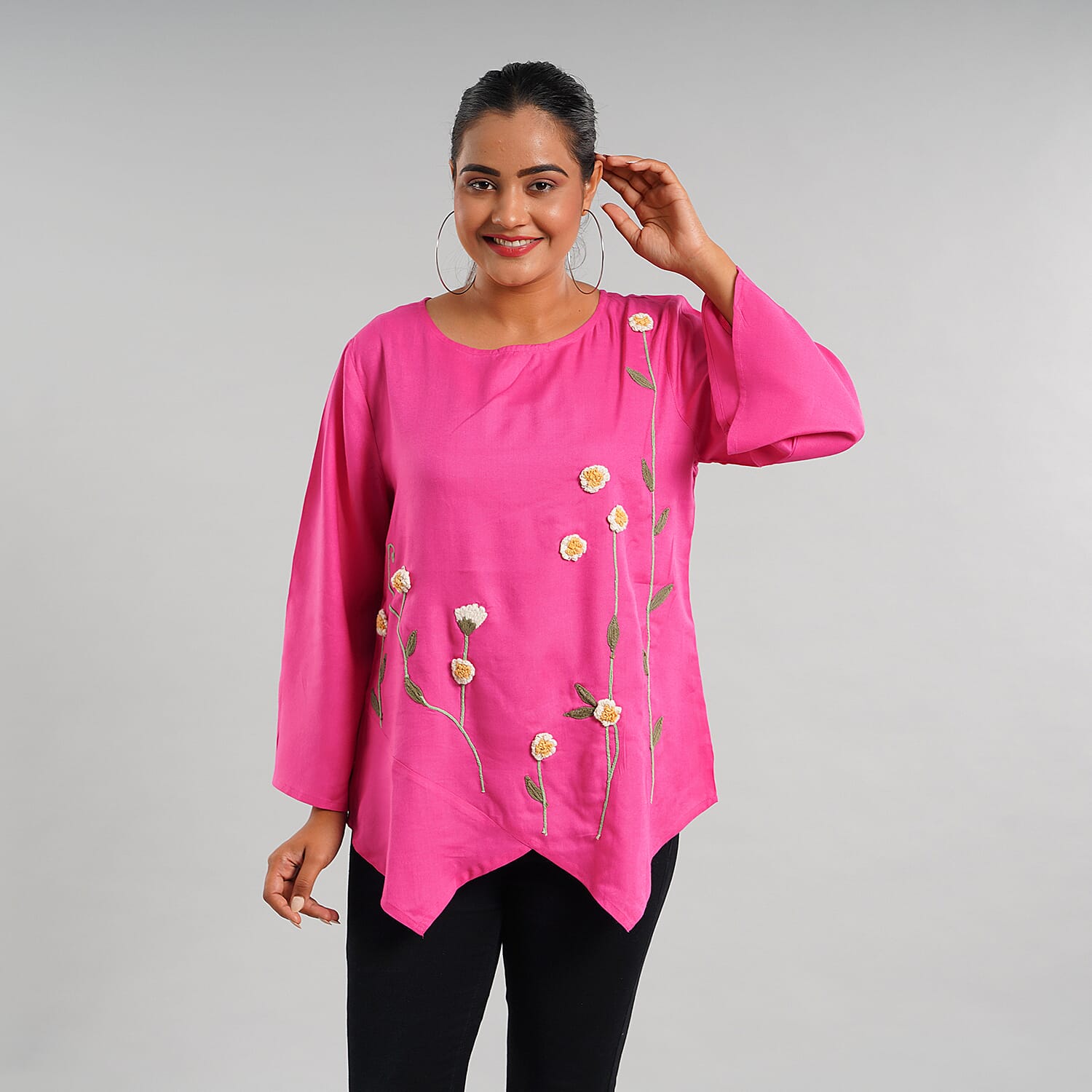 JOVIE 100% Viscose Floral Embroidery Women Kimono Top (Size-S-M, 60x96Cm) - Fuchsia