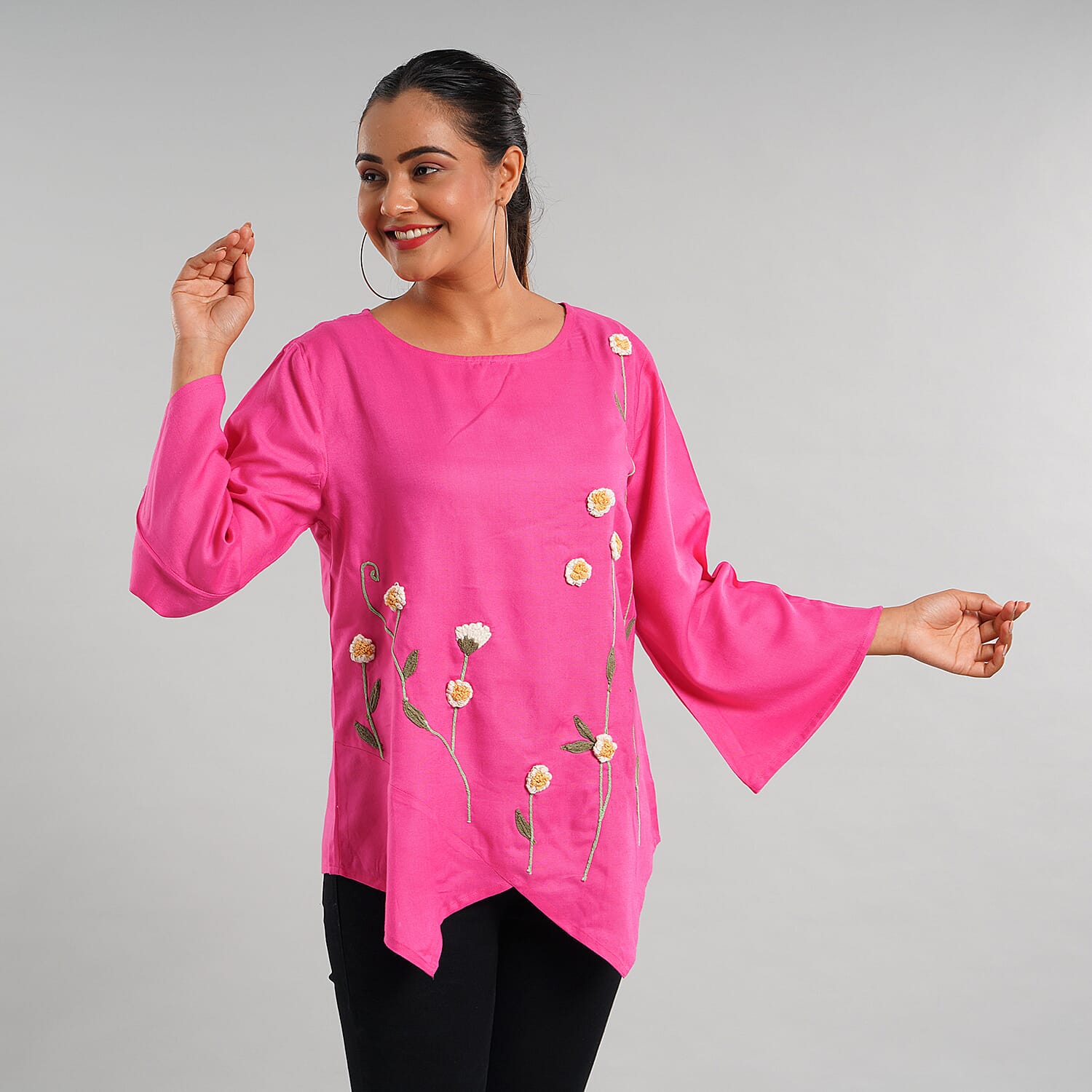 JOVIE 100% Viscose Floral Embroidery Women Kimono Top (Size-S-M, 60x96Cm) - Fuchsia