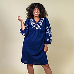 TAMSY Cotton Embroidered V Neck Top - Blue