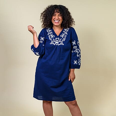 TAMSY 100% Cotton Embroidered V Neck Top (Size S-M) - Blue