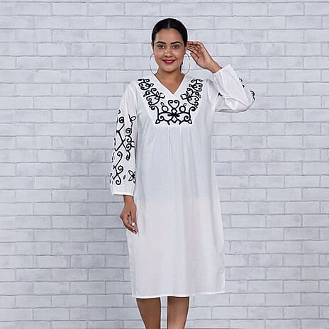 TAMSY 100% Cotton Embroidered V Neck Dress (Size L-XL) - White