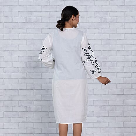TAMSY 100% Cotton Embroidered V Neck Dress (Size L-XL) - White