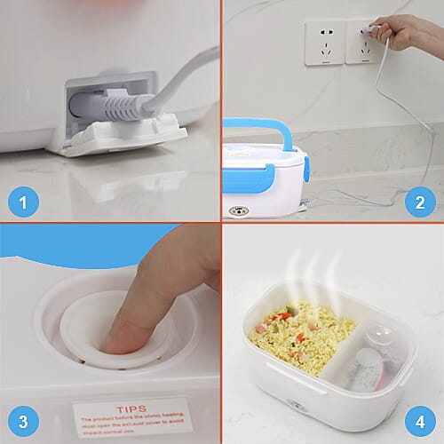 Portable Electric Heating Lunch Box in White & Blue (Size:23.5x16.5x10.5cm)