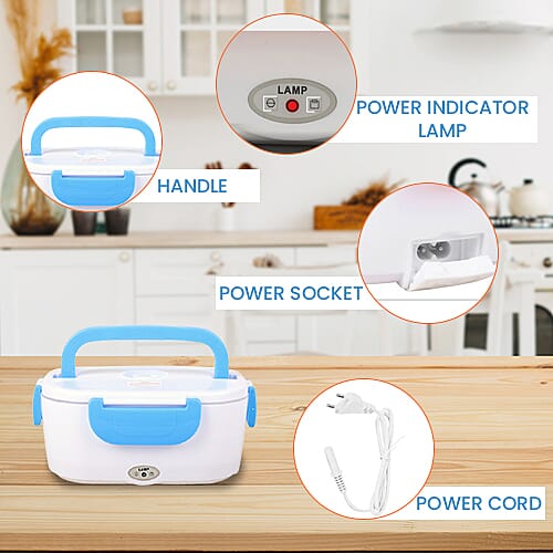 Portable Electric Heating Lunch Box in White & Blue (Size:23.5x16.5x10.5cm)