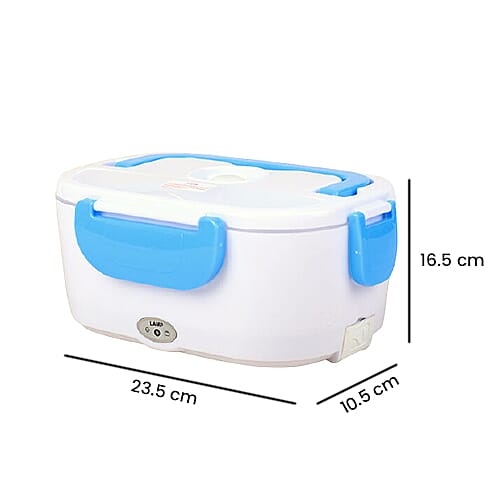 Portable Electric Heating Lunch Box in White & Blue (Size:23.5x16.5x10.5cm)