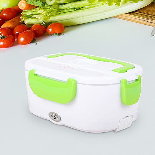 Portable Electric Heating Lunch Box in White & Green (Size-23.5x16.5x10.5cm)