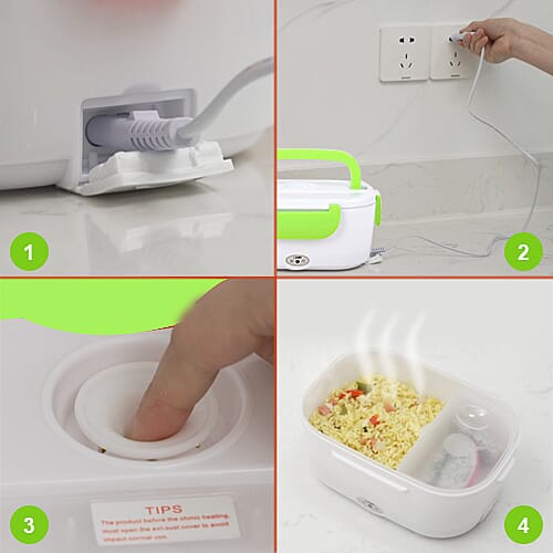 Portable Electric Heating Lunch Box in White & Green (Size-23.5x16.5x10.5cm)