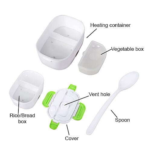 Portable Electric Heating Lunch Box in White & Green (Size-23.5x16.5x10.5cm)