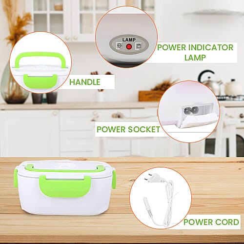 Portable Electric Heating Lunch Box in White & Green (Size-23.5x16.5x10.5cm)