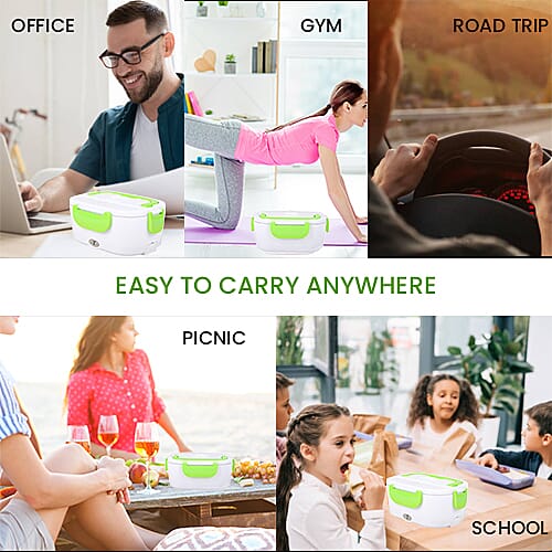 Portable Electric Heating Lunch Box in White & Green (Size-23.5x16.5x10.5cm)