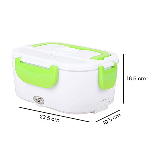 Portable Electric Heating Lunch Box in White & Green (Size-23.5x16.5x10.5cm)