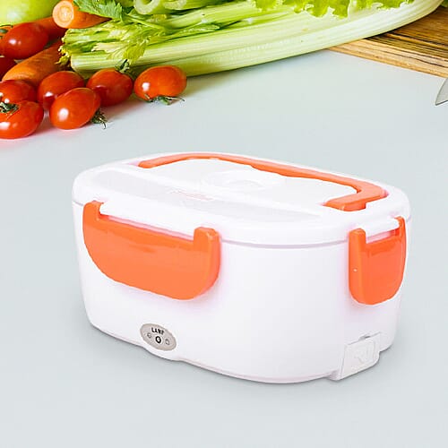 Portable Electric Heating Lunch Box in White & Orange (Size-23.5x16.5x10.5cm)
