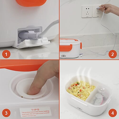 Portable Electric Heating Lunch Box in White & Orange (Size-23.5x16.5x10.5cm)