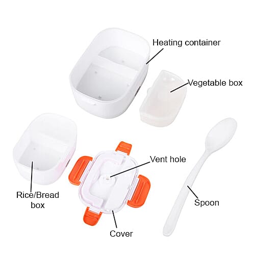 Portable Electric Heating Lunch Box in White & Orange (Size-23.5x16.5x10.5cm)