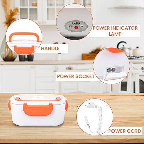 Portable Electric Heating Lunch Box in White & Orange (Size-23.5x16.5x10.5cm)