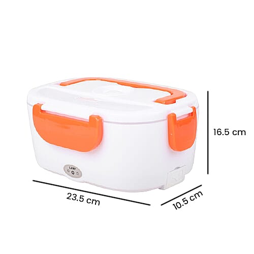 Portable Electric Heating Lunch Box in White & Orange (Size-23.5x16.5x10.5cm)