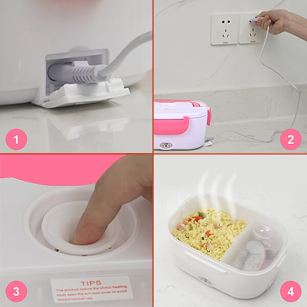Portable Electric Heating Lunch Box in White & Pink (Size:23.5x16.5x10.5cm)