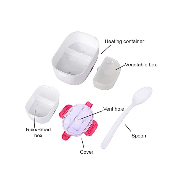 Portable Electric Heating Lunch Box in White & Pink (Size:23.5x16.5x10.5cm)
