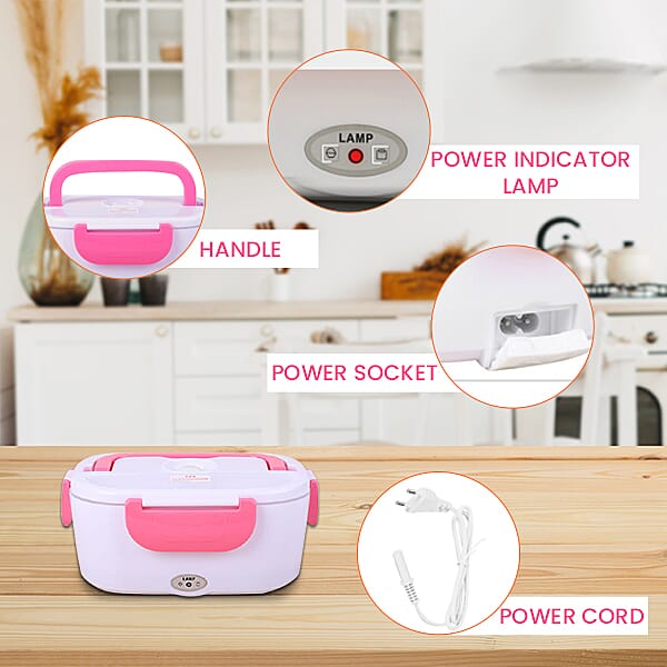 Portable Electric Heating Lunch Box in White & Pink (Size:23.5x16.5x10.5cm)
