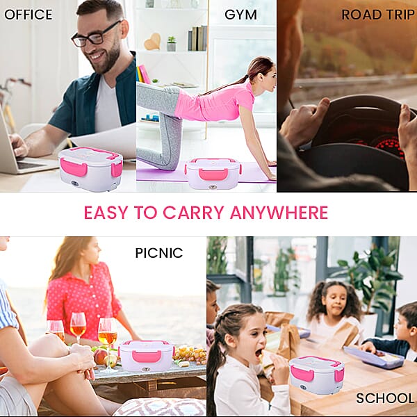 Portable Electric Heating Lunch Box in White & Pink (Size:23.5x16.5x10.5cm)