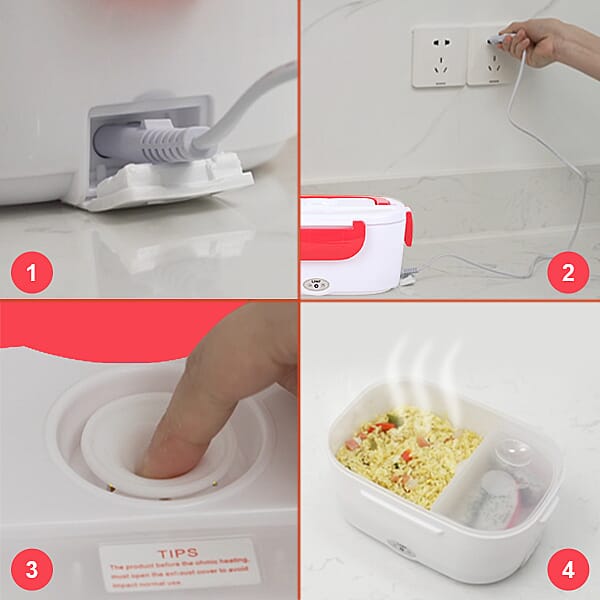 Portable Electric Heating Lunch Box in White & Red (Size:23.5x16.5x10.5cm)