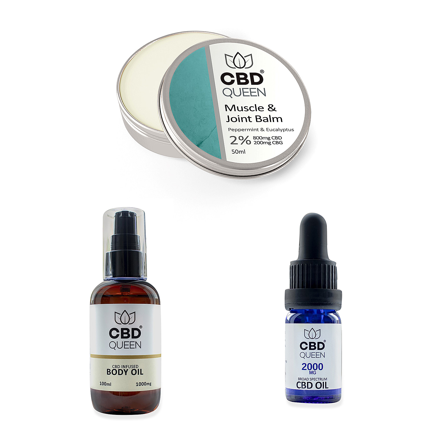 CBD Queen: CBD Bundle Broad Spectrum 20% Oil - Peppermint, 1000mg Body Oil - 100ml, 1000g Muscle and Joint Balm for Muscle Pain, Joint Pain, Migrain Suitable for Men and Women