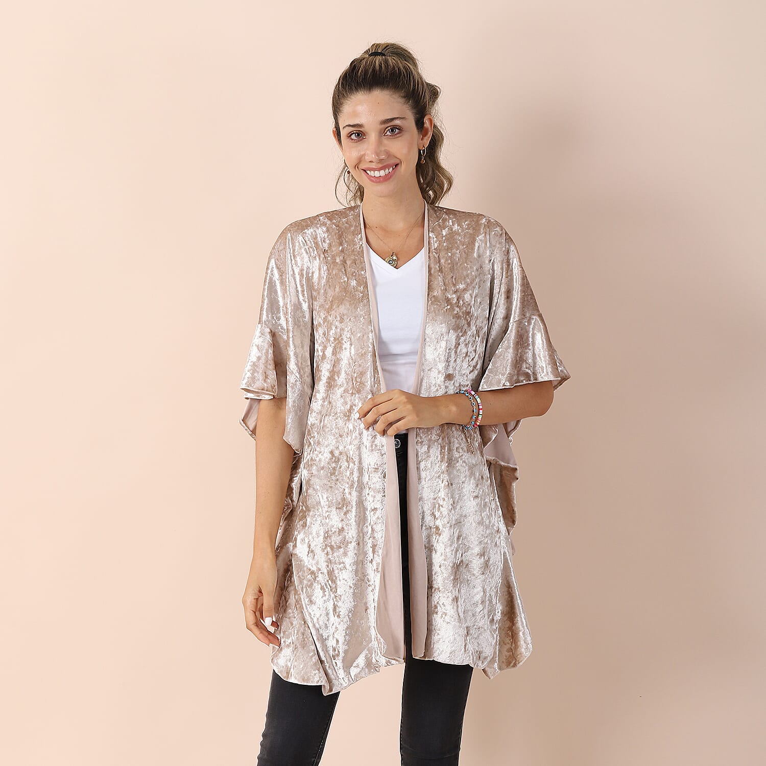 Falbala Sleeves Velvet Kimono (Size 83x70 Cm) - Off White