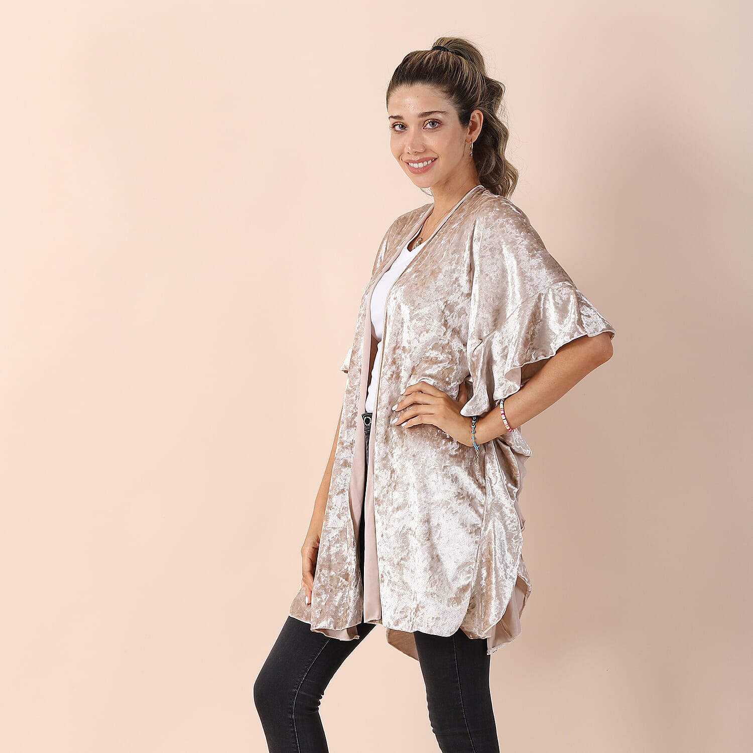 Falbala Sleeves Velvet Kimono (Size 83x70 Cm) - Off White