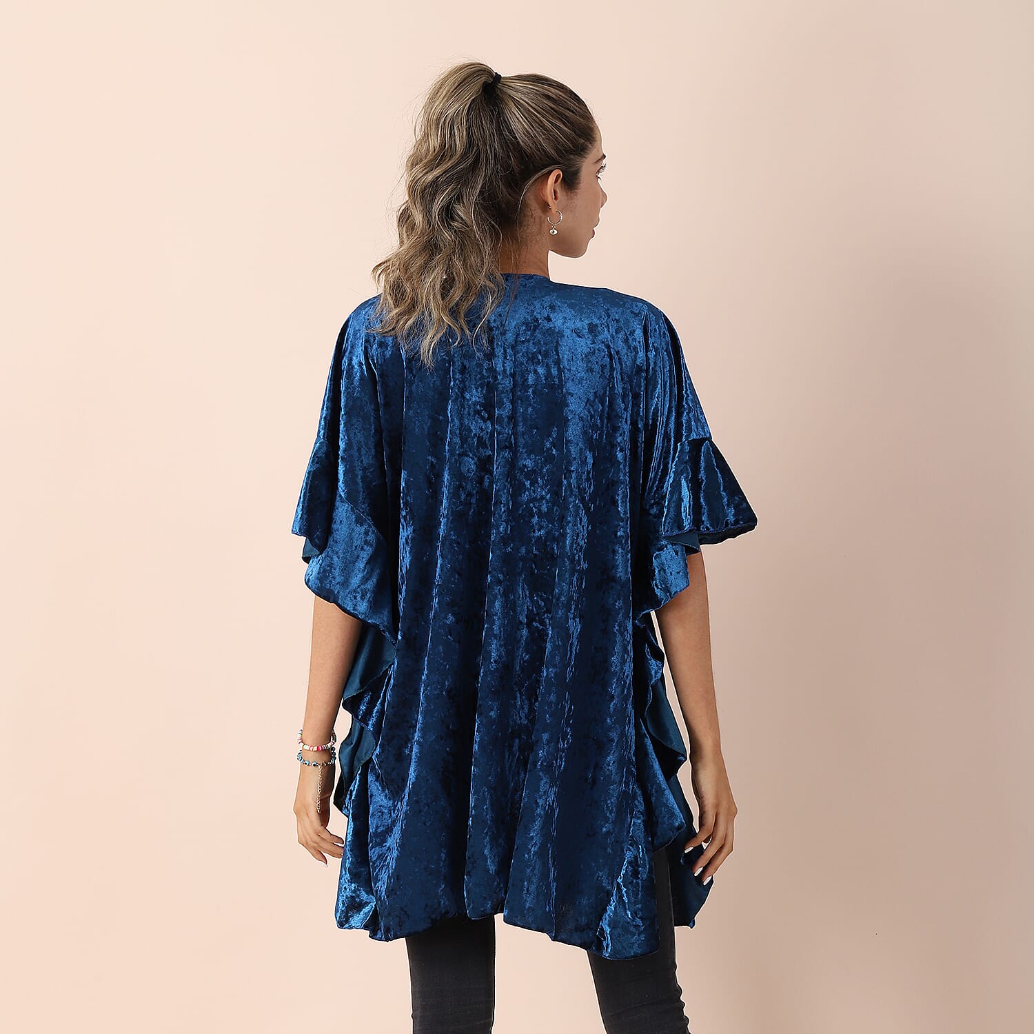 Falbala Sleeves Velvet Kimono (Size 83x70 Cm) - Royal Blue