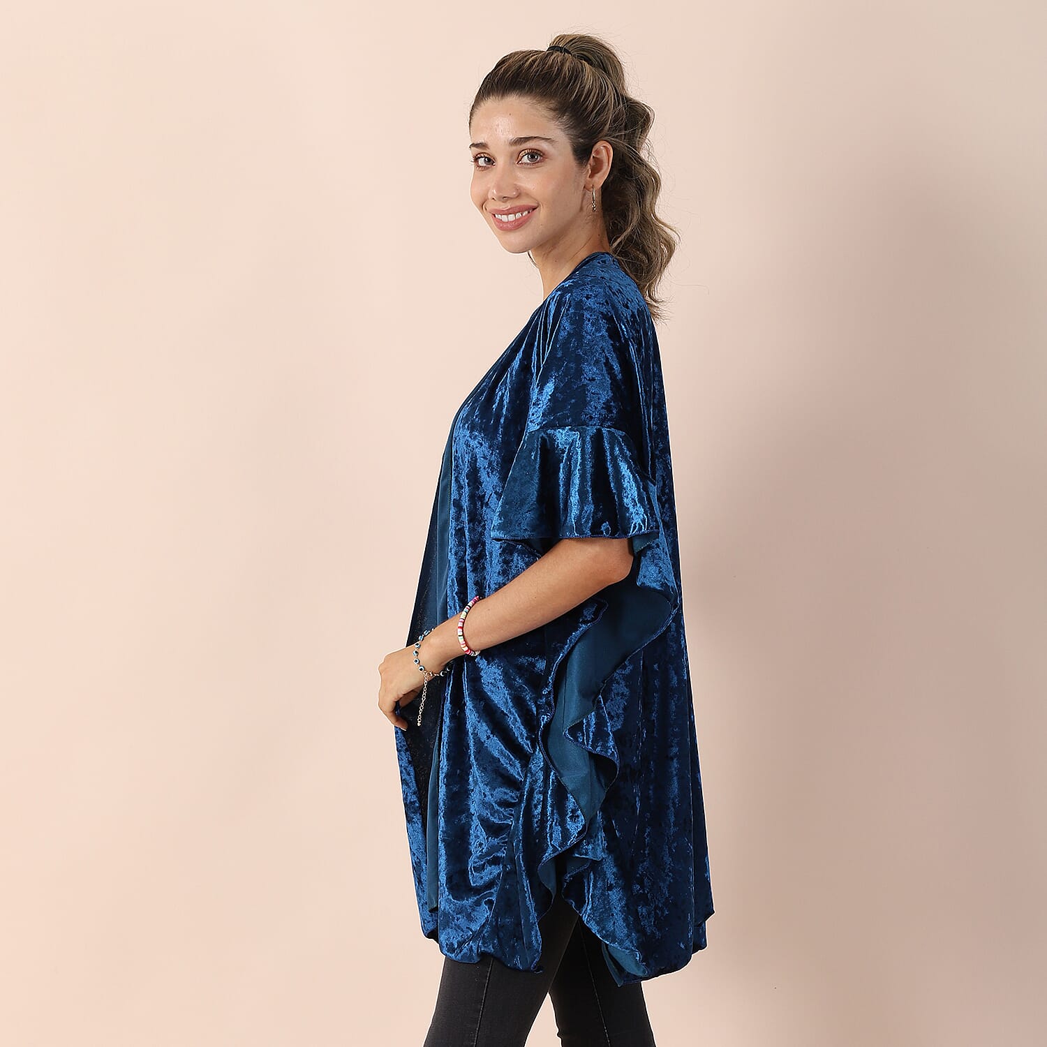 Falbala Sleeves Velvet Kimono (Size 83x70 Cm) - Royal Blue