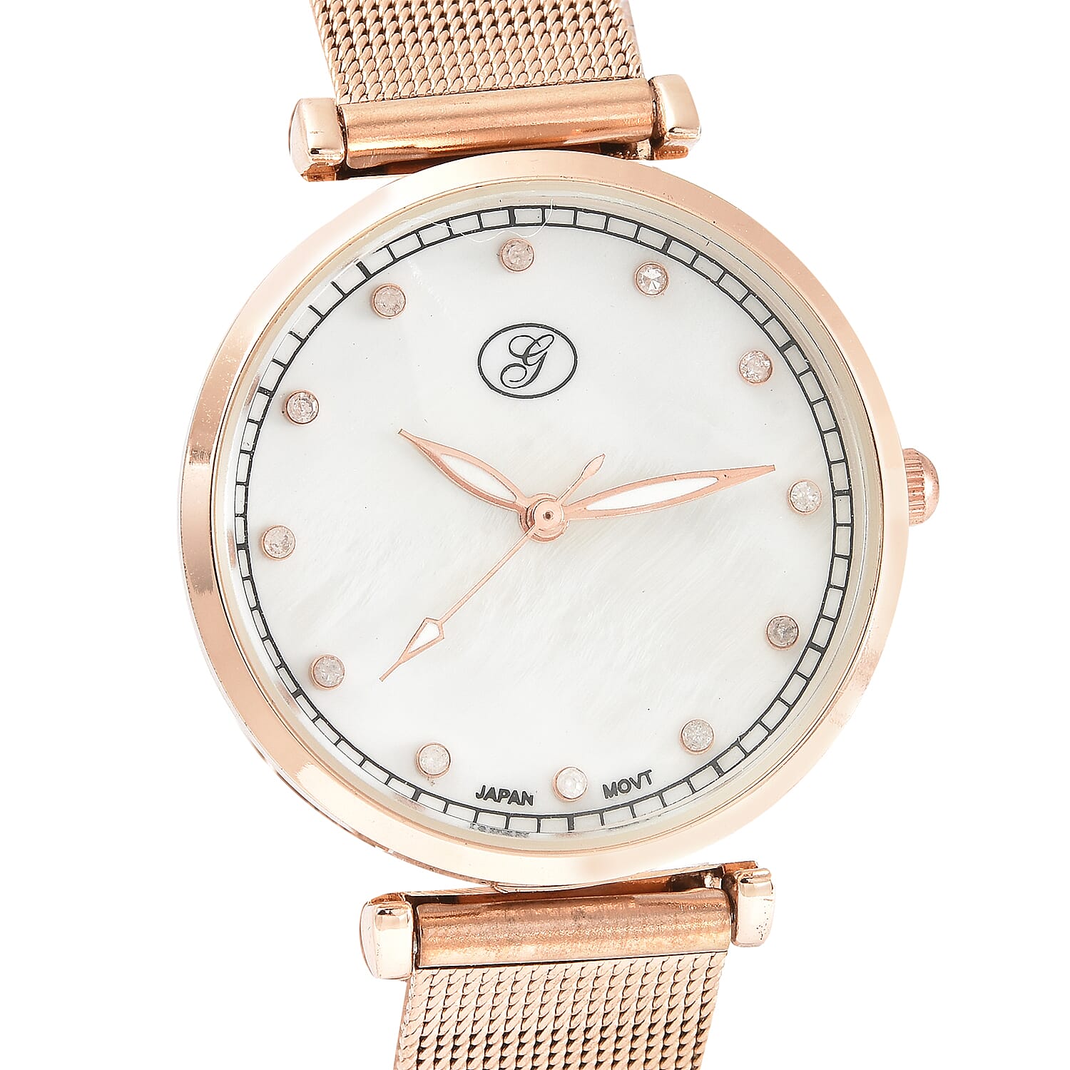 GENOA Japanese Movement White Dial Diamond Studded Water Resistant Watch with Mesh Belt in Rose Gold Tone