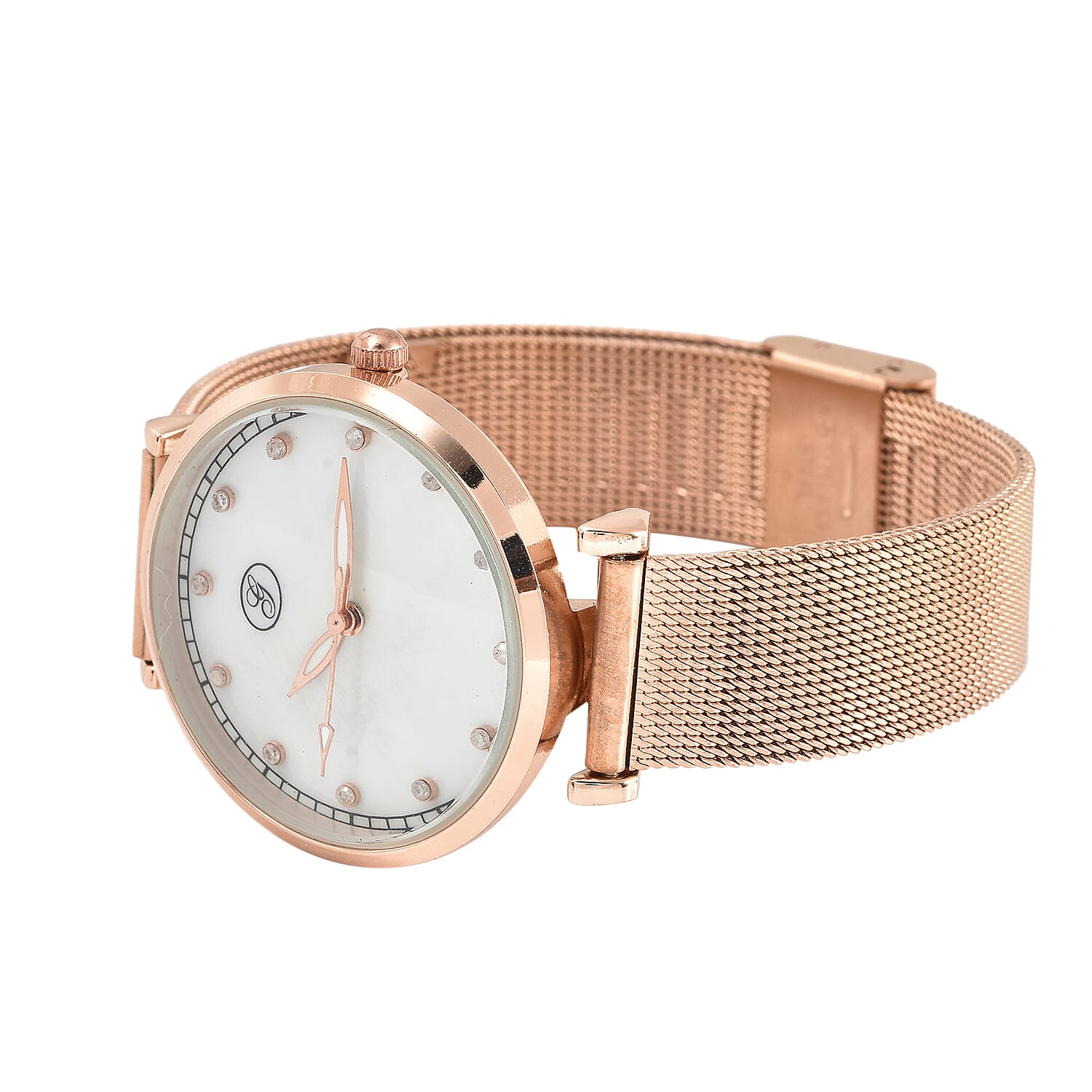 GENOA Japanese Movement White Dial Diamond Studded Water Resistant Watch with Mesh Belt in Rose Gold Tone