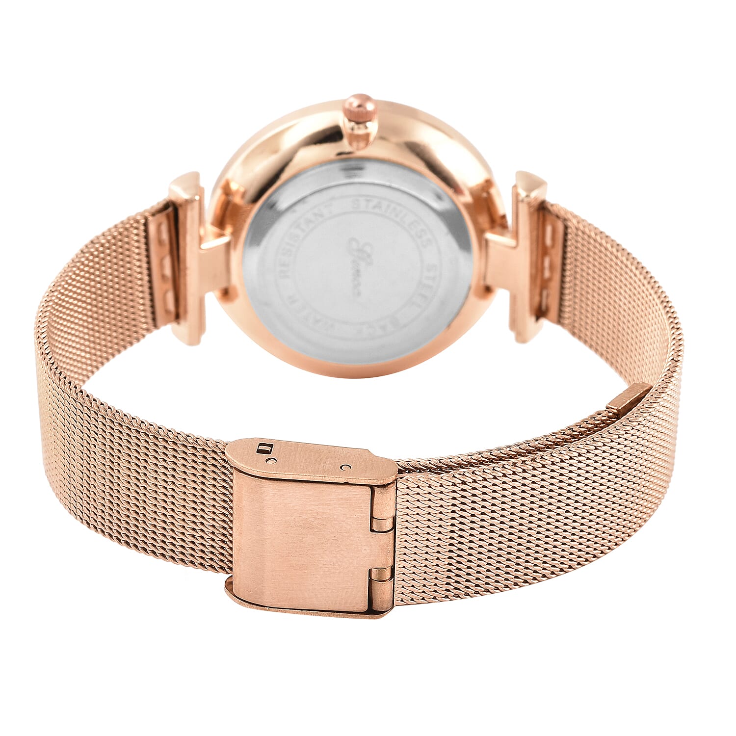 GENOA Japanese Movement White Dial Diamond Studded Water Resistant Watch with Mesh Belt in Rose Gold Tone