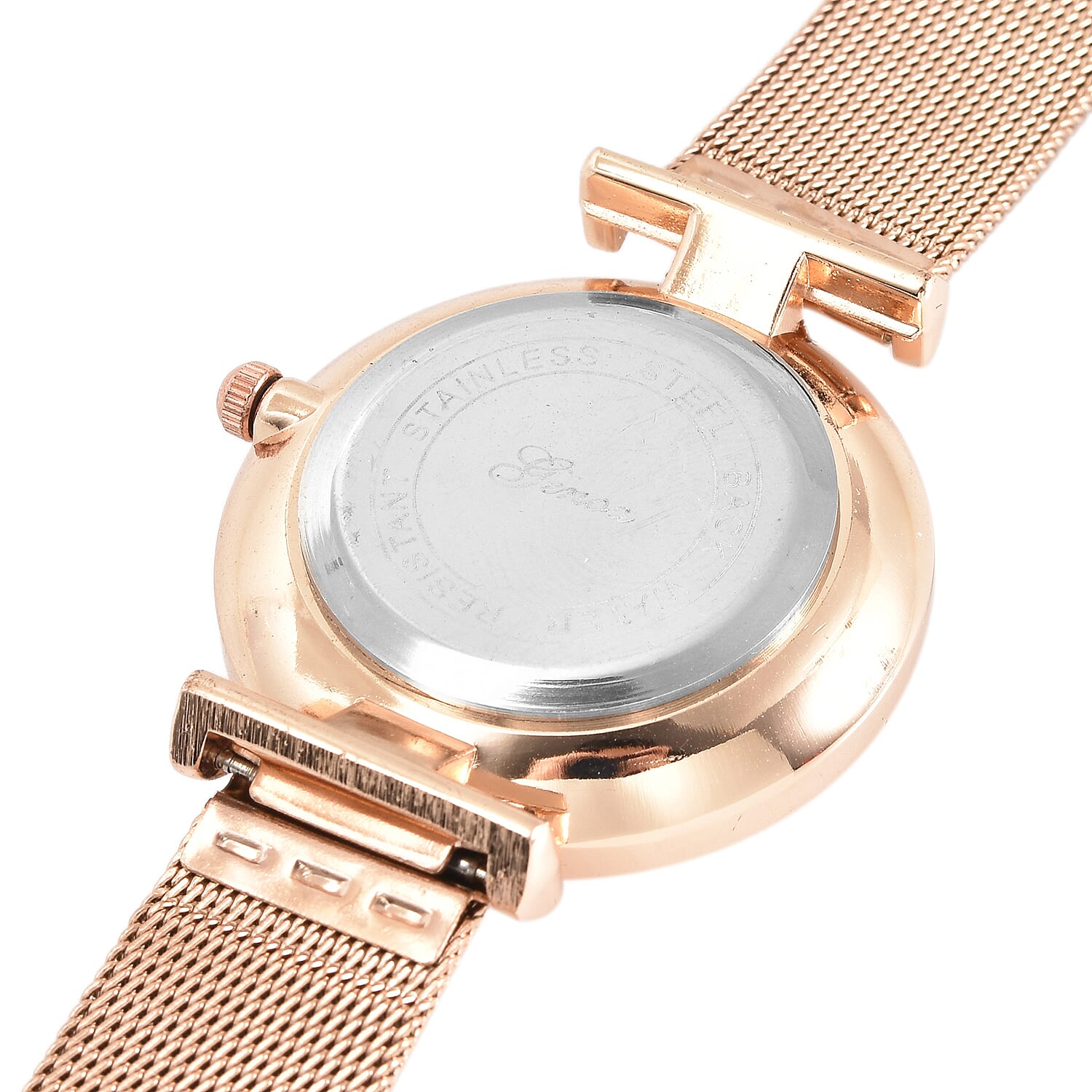 GENOA Japanese Movement White Dial Diamond Studded Water Resistant Watch with Mesh Belt in Rose Gold Tone
