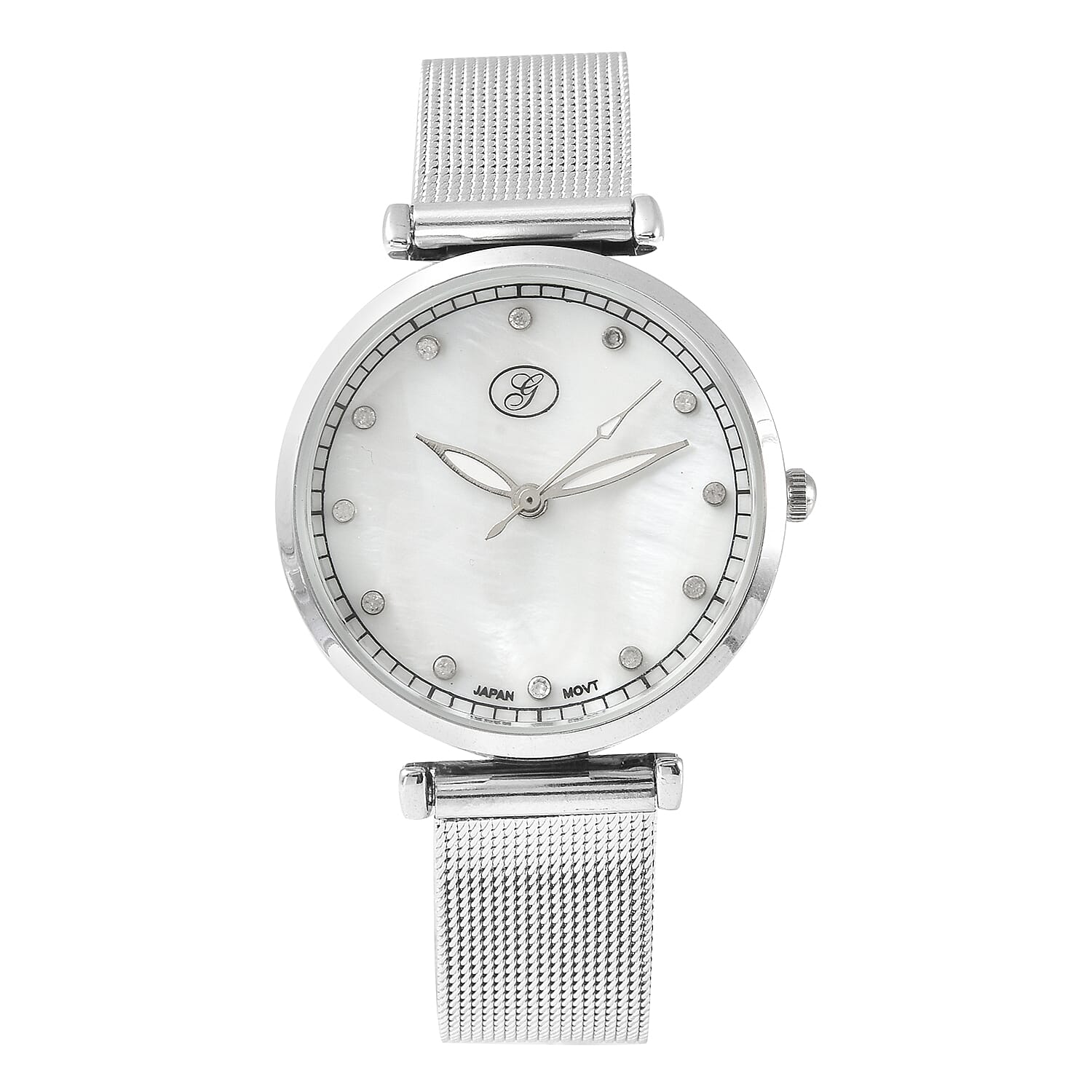 GENOA Japanese Movement White Dial Diamond Studded Water Resistant Watch with Mesh Belt in Silver Tone