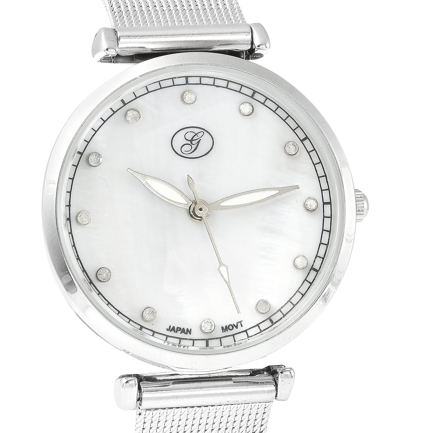 GENOA Japanese Movement White Dial Diamond Studded Water Resistant Watch with Mesh Belt in Silver Tone
