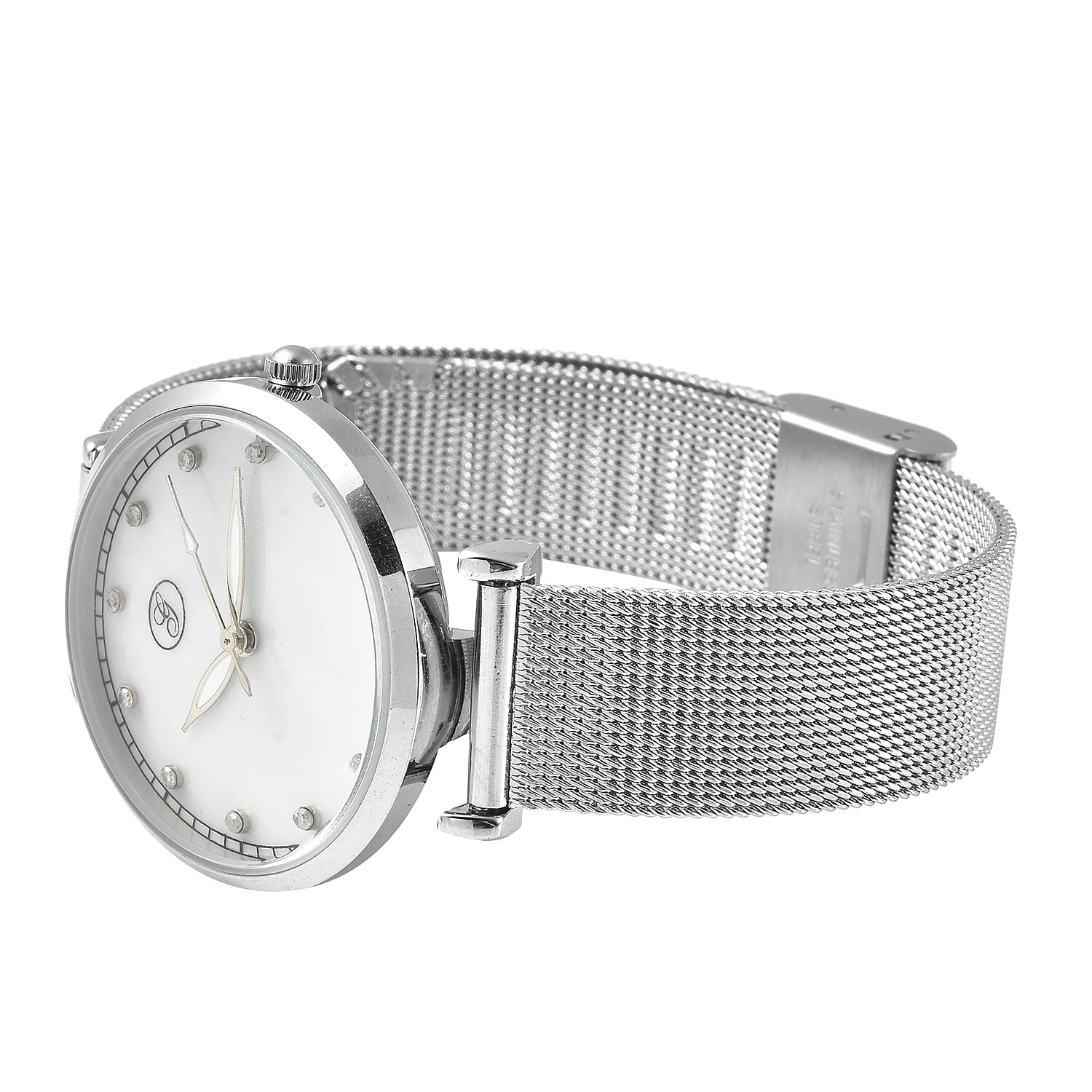 GENOA Japanese Movement White Dial Diamond Studded Water Resistant Watch with Mesh Belt in Silver Tone