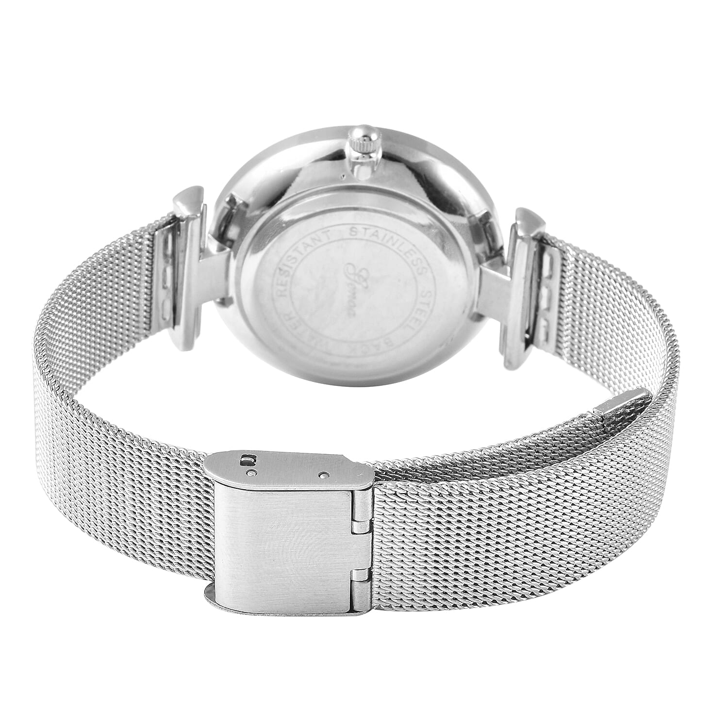 GENOA Japanese Movement White Dial Diamond Studded Water Resistant Watch with Mesh Belt in Silver Tone