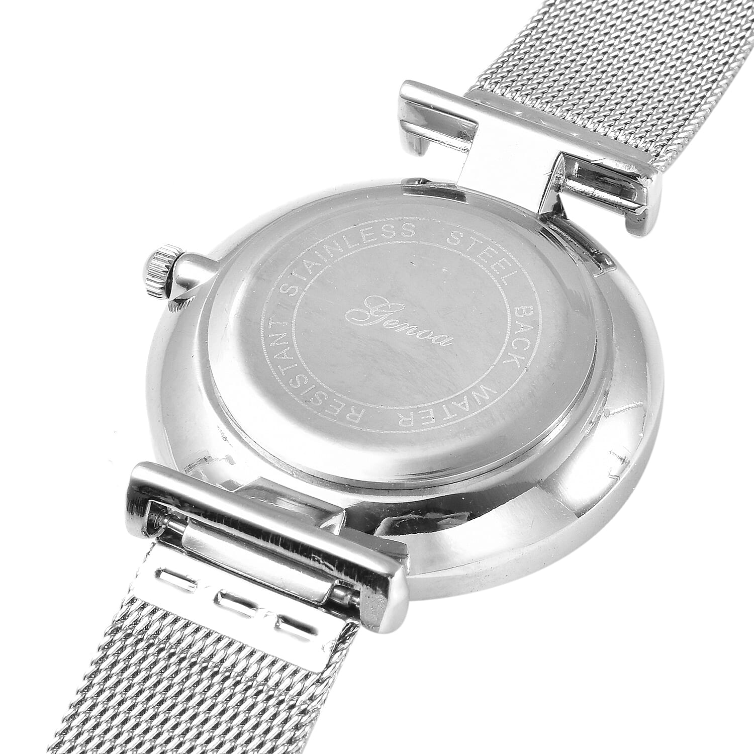 GENOA Japanese Movement White Dial Diamond Studded Water Resistant Watch with Mesh Belt in Silver Tone