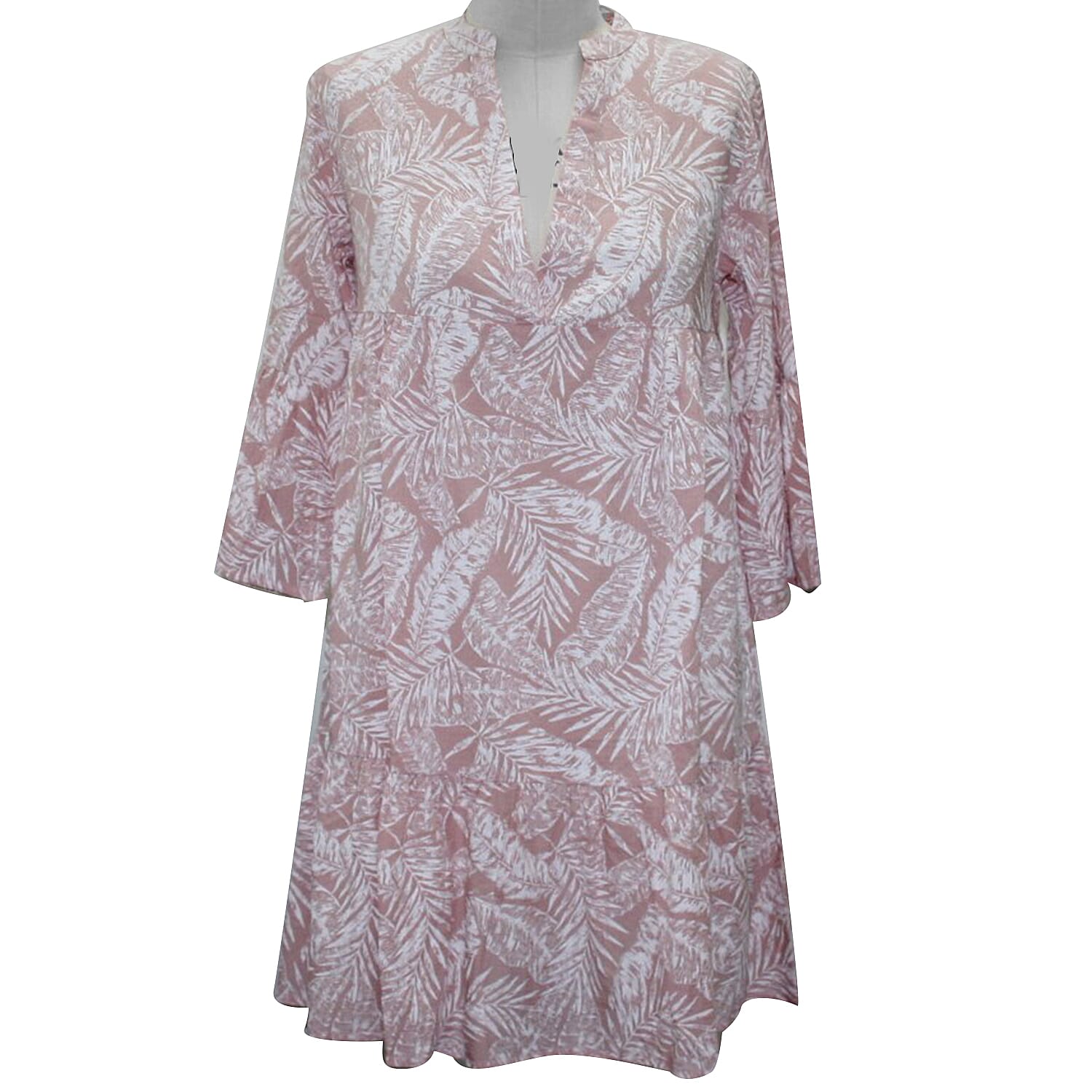 SUGAR CRISP Long Sleeve Leaf Print Tunic Dress in Dusty Pink (Size S)