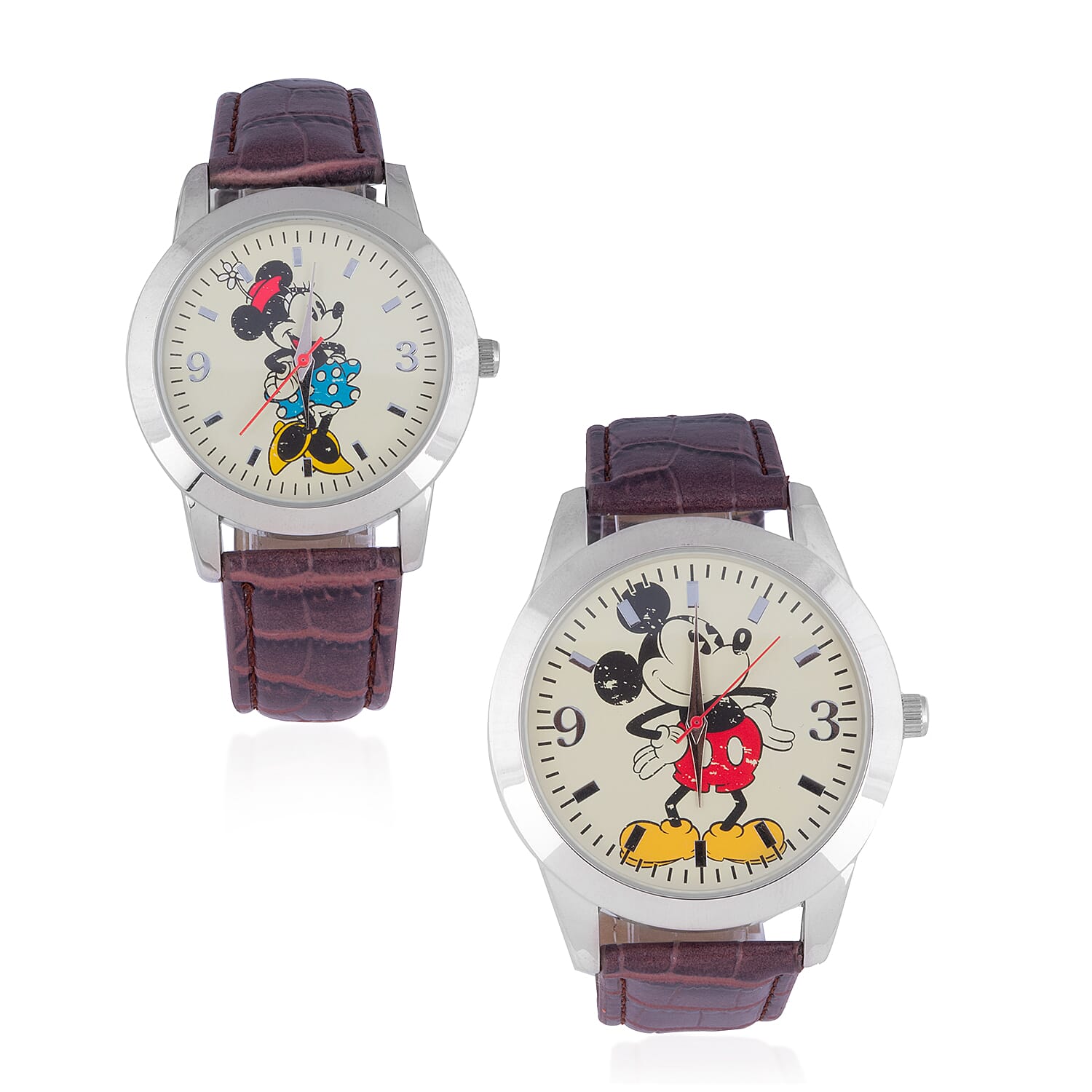 2 Piece Set - Retro Disney Mickey and Minnie Watch Set with Brown Colour Strap
