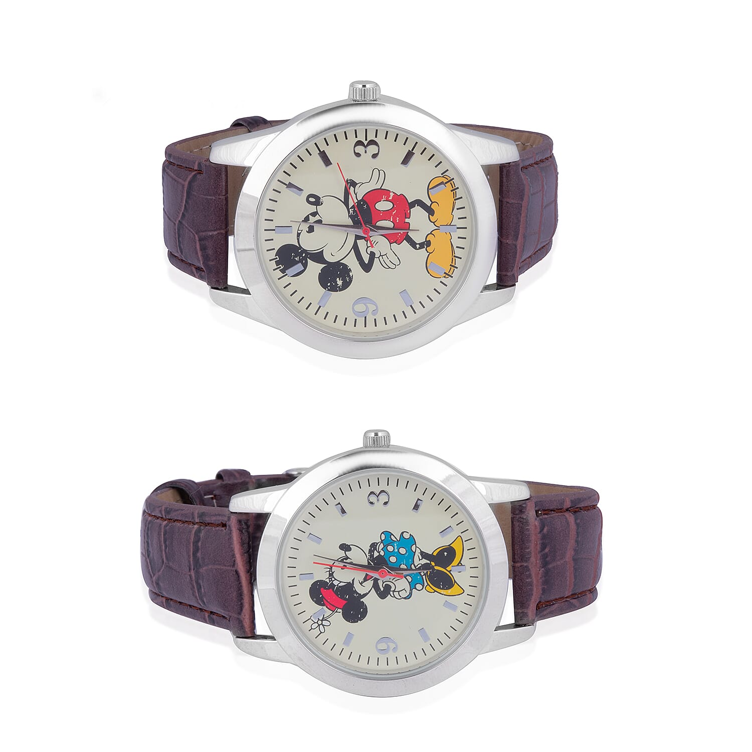 2 Piece Set - Retro Disney Mickey and Minnie Watch Set with Brown Colour Strap