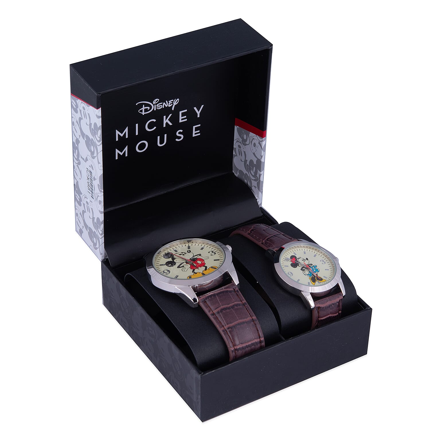 2 Piece Set - Retro Disney Mickey and Minnie Watch Set with Brown Colour Strap