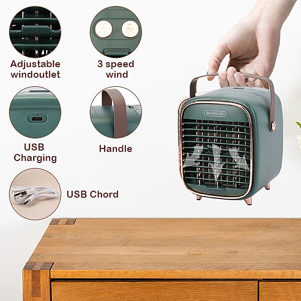 Retro Portable Cordless Air Cooling Fan with Mist Spray (Size 15x14.5x18cm) - Green