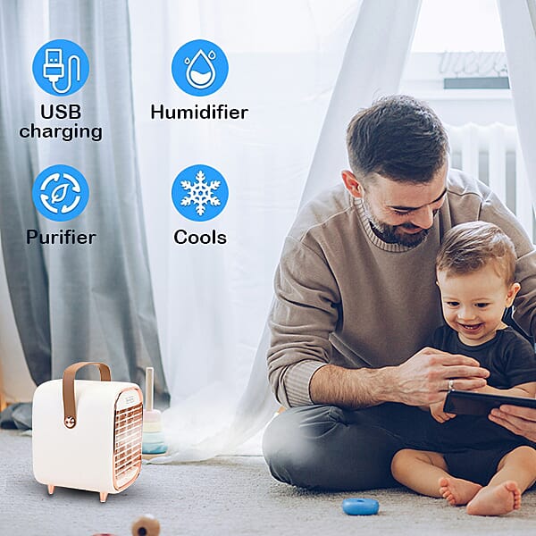 Retro Portable Cordless Air Cooling Fan with Mist Spray (Size 15x14x18cm) - White