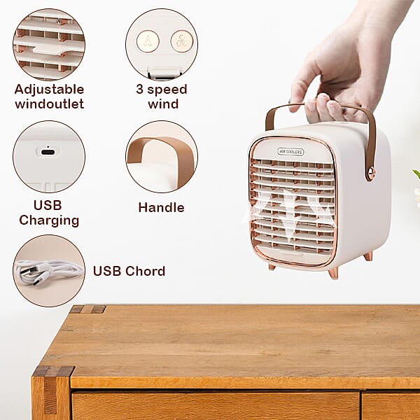 Retro Portable Cordless Air Cooling Fan with Mist Spray (Size 15x14x18cm) - White